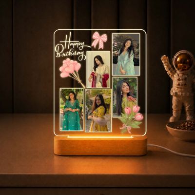 Happy Birthday LED Photo Collage Lamp for Girls & Women Personalized Birthday Photo Frame Night Light with 5 Photo  Warm White Decorative Table Lamp & Birthday Gift